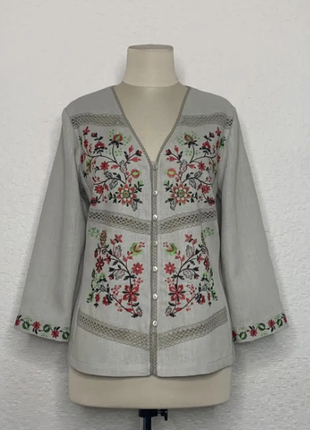 Блуза виолетта серая с вышивкой, льняная, галерея льна, 48-60рр.