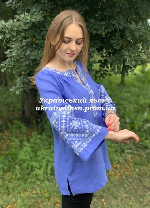 Блуза ганна блакитна з вишивкою, льняна, галерея льону, 44-58рр.