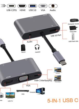 Переходник 4K USB-C HUB PD+HDMI+VGA+USB 3.0 +AUX 5 in 1