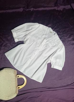 Блуза белоснежная,батистая с пышными рукавами, вышивка ришелье...