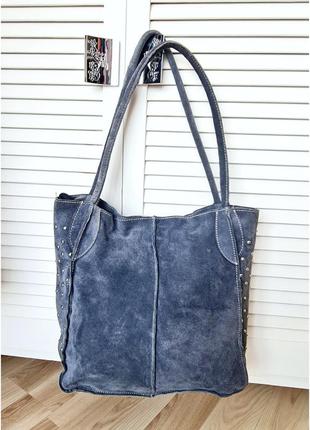 Замшевая сумка шоппероут синяя сумка женская серая серо голуба...