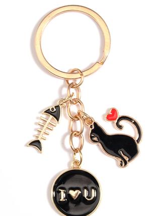 Брелок черный кот кошка металл эмаль рыбка и сердечко на хвостите