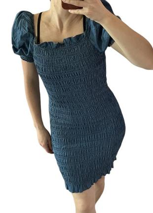 Платье мини синяя джинсовая драпировка с рукавами буфы