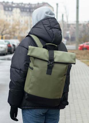 Стильный городской рюкзак roll top зеленый из эко-кожи с отдел...