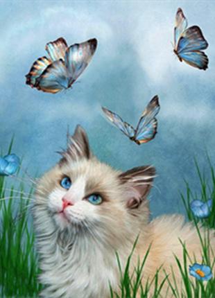 Набор Алмазная мозаика вышивка Кошка и бабочка котенок пушисты...