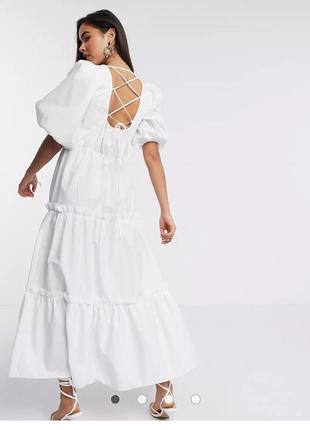 Белое платье с воланом ярусами, поплиновое белое длинное платье