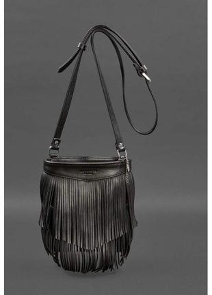 Шкіряна жіноча сумка з бахромою мінікросбоді Fleco чорна крост