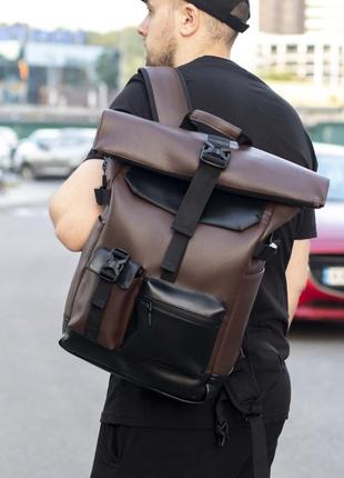 Вместительный городской рюкзак ролл топ коричневый из эко-кожи...