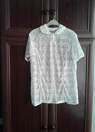 Вінтажна біла гіпюрова мереживна блузка сорочка з коротким рук...