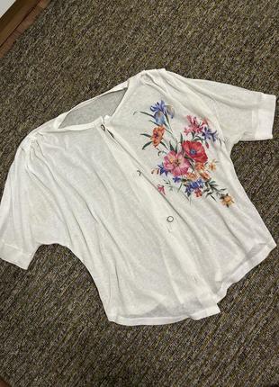 Женская рубашка блуза белая с цветами летучая мышь m l xl