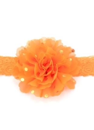 Детская оранжевая повязка в золотой горох - цветок около 10см,...