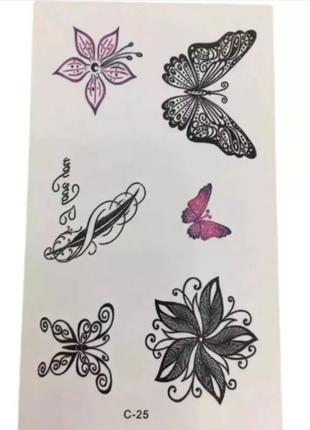 Переводная татуировка на тело "Бабочки и цветки" - размер стик...