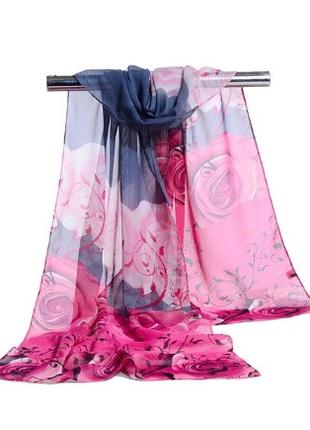 Шифоновый шарф с розами 145 на 48 см серо-розовый