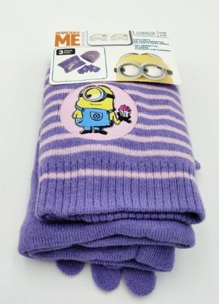 Детская шапка, перчатки, бафф с миньонами, фиолетовый комплект
