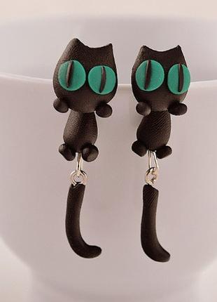 Серьги с котами с зелеными глазами" - длина 5см, полимерная глина