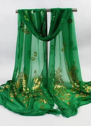 Женский зеленый шарф с Павлинами - размер шарфа 160*43см, нейлон