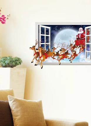 Новогодняя наклейка на стену Новогодние олени с Дедом Морозом ...