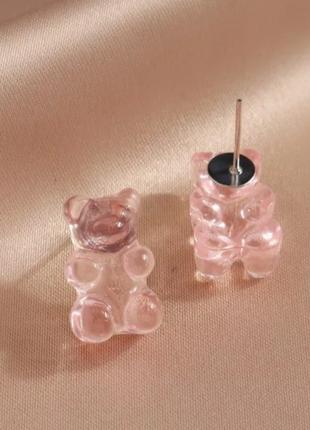 Детские серьги мишки гвоздики, розовые с блестками - длина 1,6...