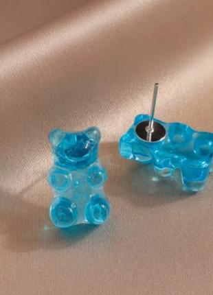 Детские серьги мишки гвоздики, голубые - длина 1,8см, смола