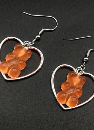 Сережки мармеладні ведмедики помаранчеві в сердечку - розмір в...