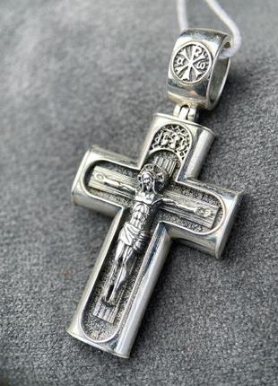 Серебряный православный крест с распятием и надписью "спаси и ...