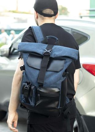 Вместительный городской рюкзак ролл топ синий тканевой с отдел...