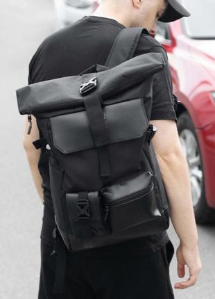 Качественный городской рюкзак roll top черный тканевой с отдел...