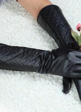 Длинные женские чёрные перчатки из экокожи - s (длина 40см, ср...