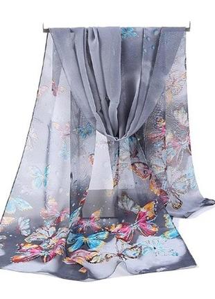 Женский шифоновый шарф серый с бабочками - размер шарфа прибли...