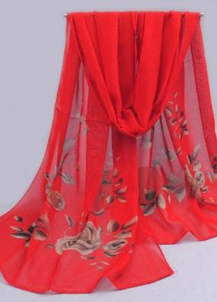 Женский красный шарф с коричневыми розами - размер шарфа прибл...