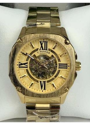 Мужские качественные  механические часы winner gmt-1159 gold с...