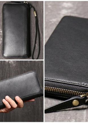 Кожаный стильный черный мужской  клатч кошелек  портмоне