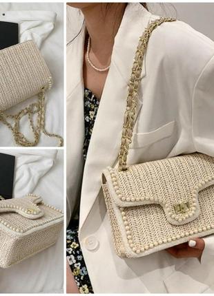 Плетеная модная женская соломенная мини сумочка  клатч с бусинами