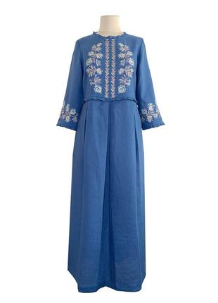 Платье ява льняное синие, с вышивкой, галерея льна, 44-56рр.