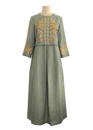 Платье ява оливковое льняное, с вышивкой, галерея льна 44-56рр.