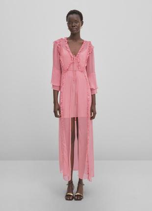 Massimo dutti s m длинное платье с воланами studio розовое