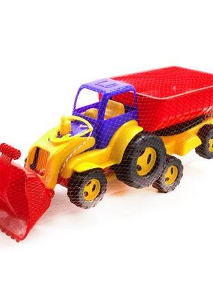 Трактор із ковшем і причепом (синьо-червоний)