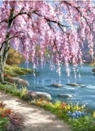 Набір Алмазна мозаїка вишивка Сакура в кольорі біля річки на п...