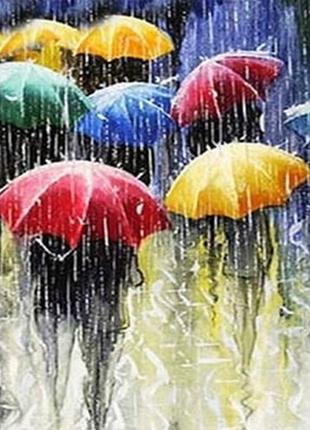 Набір Алмазна мозаїка вишивка Кольорові парасольки та дощ на п...