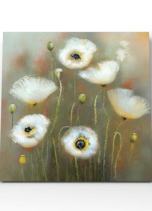 Картина полотно белые цветы на оливковом сером фоне