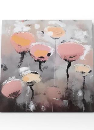 Абстрактная интерьерная картина с розовыми цветами на сером че...