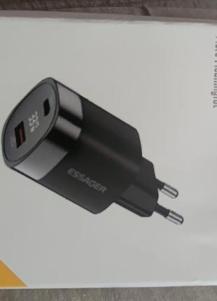Зарядний пристрій Essager 33W GaN III PD USB-C+USB-A з дисплеєм