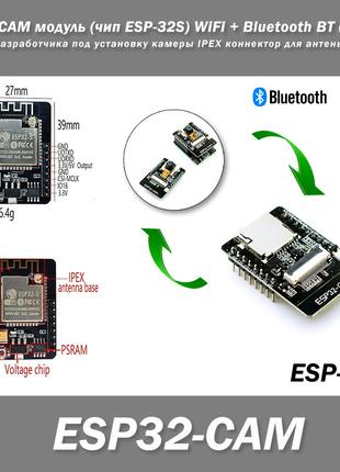 ESP32-CAM модуль (чип ESP-32S) WiFi + Bluetooth BT (блютуз) пл...