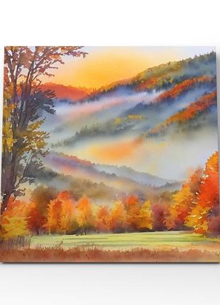 Картина осенний пейзаж леса горы дерева заката закат