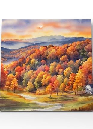 Картина осенний лес пейзаж акварельный дерева горы на холсте