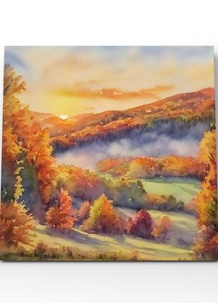 Картина осенний пейзаж заката горы дерева акварель на холсте