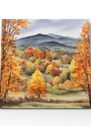 Картина акварельный осенний пейзаж леса горы дерева принт печа...