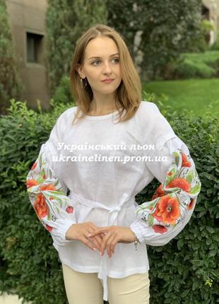 Блуза мера белая с вышивкой маки, галерея льна, льняная, 40-52рр.