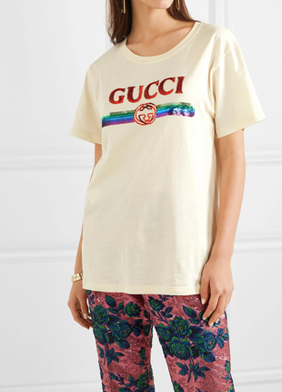 Кремовая футболка gucci с пайетками