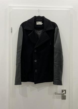 Шерстяная куртка, укороченное пальто с кожаными рукавами